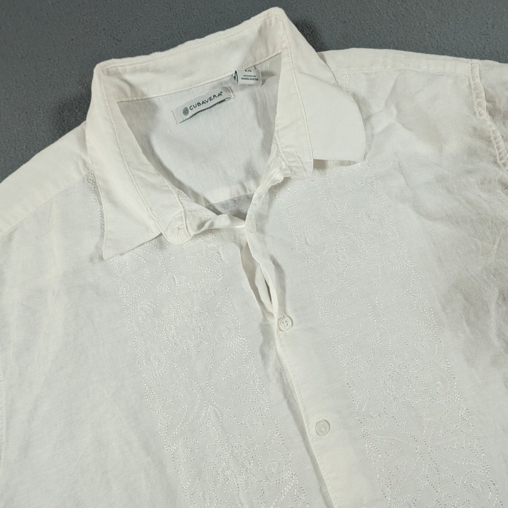 Cubavera‎ Guayabera Shirt Mens XL White Linen Blend Embroidered Short Sleeve